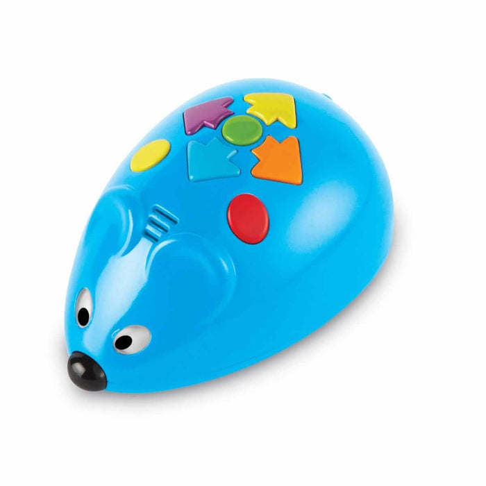 Bright blue robot mouse toy featuring colorful directional arrow buttons on its back and a small black nose.