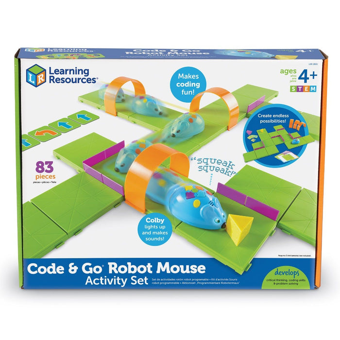 Product box for a blue robot mouse set featuring a green tile maze with orange tunnels and a yellow cheese wedge.