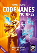 Codenames Pictures box art: two agents with glowing blue holograms on a split orange and purple background.