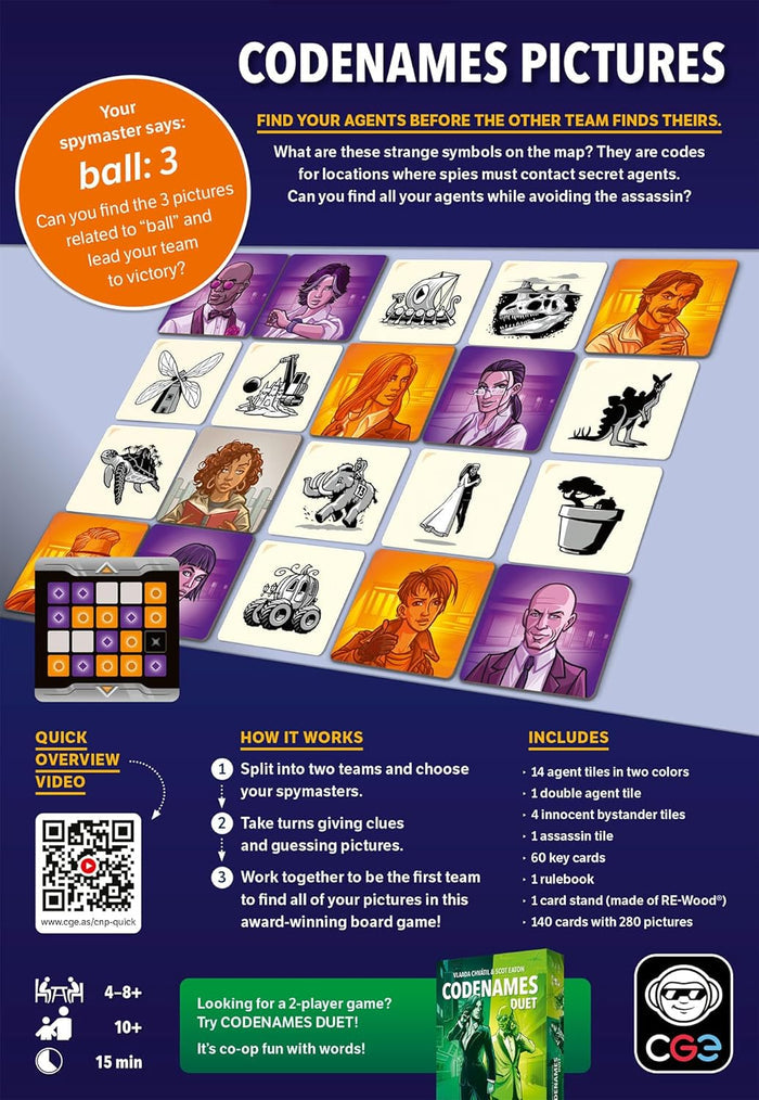 Purple and orange board game graphic showing a grid of illustrated picture cards, character portraits, and game components.