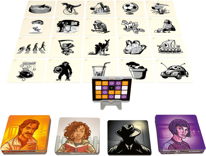 Grid of 20 surreal black and white drawings on cards, a color-coded map stand, and four character portrait tiles.