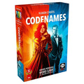 Vertical Codenames game box with a woman and man in suits against a vibrant split orange and blue background.