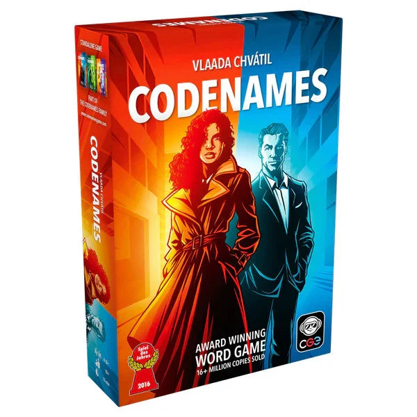 Vertical Codenames game box with a woman and man in suits against a vibrant split orange and blue background.