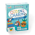 Teal box for Coding Charms kit showing fuse bead crafts of a rocket, rainbow unicorn, and pineapple.