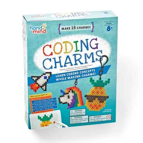 Teal box for Coding Charms kit showing fuse bead crafts of a rocket, rainbow unicorn, and pineapple.