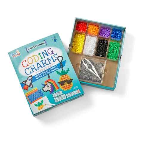 Teal craft box and tray showing sorted multi-colored fuse beads, white tweezers, and pixel art charm designs.