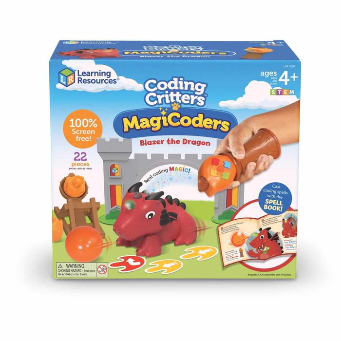 Blue box featuring a red dragon figure, a wand remote with colored buttons, and castle play pieces on green grass.