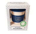 Cream and navy blue reusable bamboo coffee cup in a white box with black sunburst lines and green eco-friendly sticker.