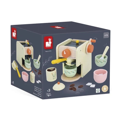 Dark blue box for a Janod wooden toy coffee machine set with a cream espresso maker, colorful cups, and wooden accessories.