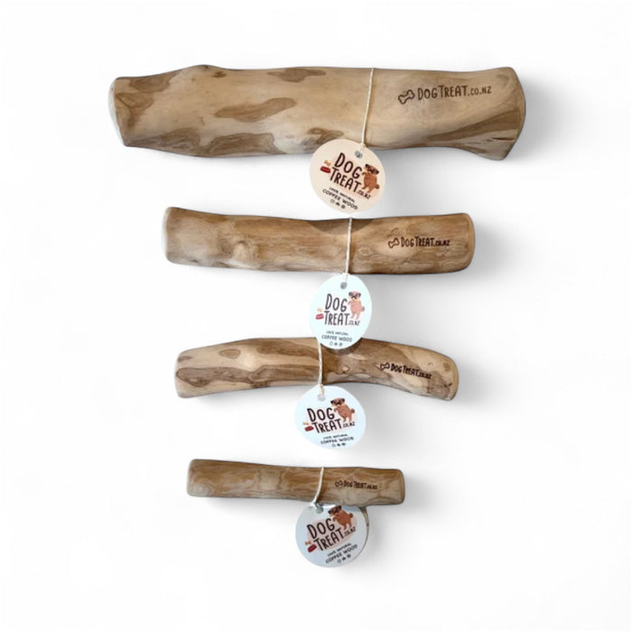 DogTreatNZ Coffee Wood Chews for dogs, natural wooden chew treat with coffee flavor, shown in the product image.
