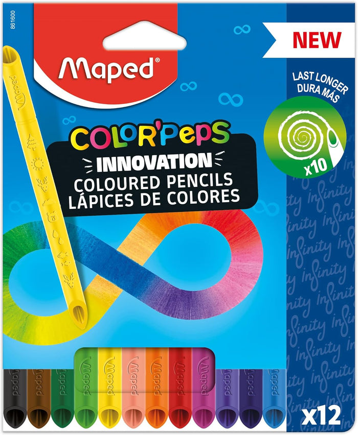 Maped Color'Peps 12-pack box featuring a large rainbow infinity symbol and a patterned yellow pencil on blue.