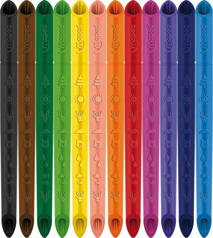 12 vibrant, cylindrical Maped drawing sticks in a rainbow row with embossed nature and animal icons.