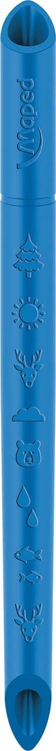 Blue Maped pencil with embossed nature icons including a tree, sun, deer, and bear on its cylindrical body.