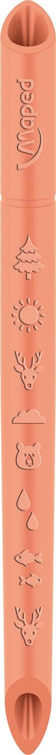Tapered peach-colored pencil with raised nature icons: tree, sun, deer, cloud, bear, raindrops, and fish.