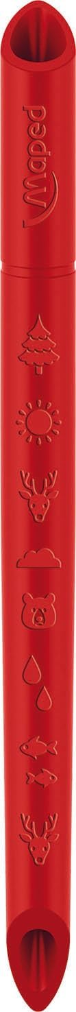 Red Maped coloring pencil with slanted ends and embossed nature icons like a tree, sun, deer, and bear.