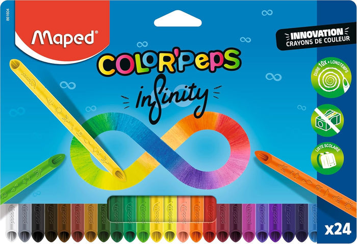 Maped Color'Peps Infinity 24-pack pencils in a blue box featuring a rainbow infinity symbol and triangular crayons.