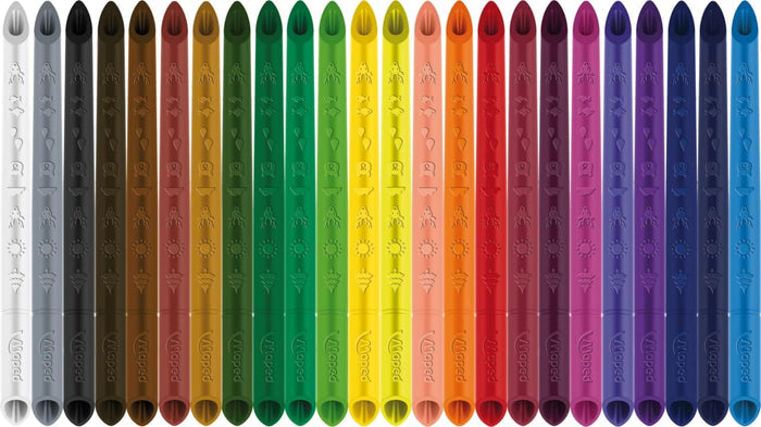 24 triangular coloring pencils in rainbow colors, each featuring embossed nature icons and Maped branding.