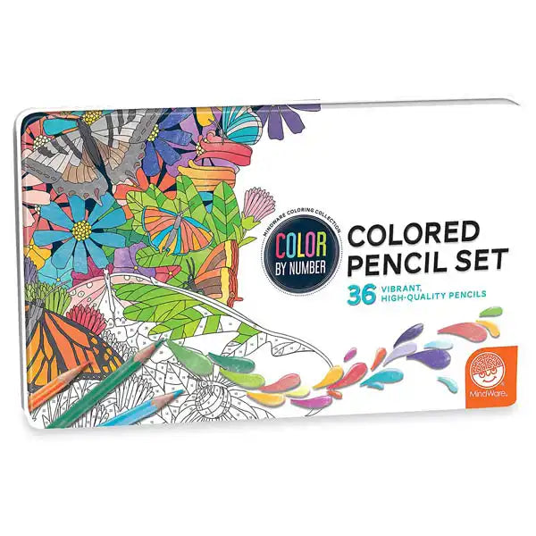 Metal tin featuring a butterfly and flower design with numbered line art sections and three colored pencils.