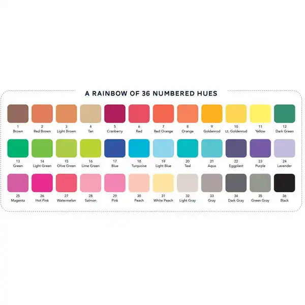 Color chart showing 36 numbered and named swatches in three rows, titled A RAINBOW OF 36 NUMBERED HUES.