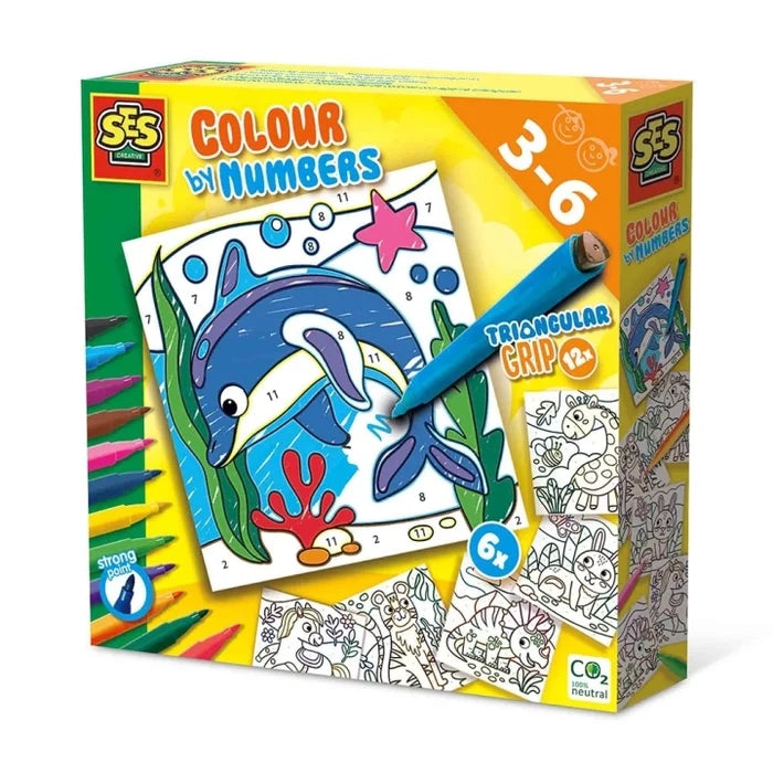 SES Creative yellow box showing a blue dolphin colour-by-numbers scene with 12 triangular grip felt-tip markers.
