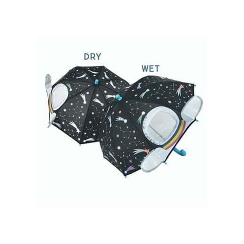 Black space umbrella with 3D elements and star patterns that change from white to rainbow colors when wet.
