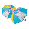 Two blue, yellow, and pink umbrellas with 3D unicorn faces, horns, star patterns, and curved pink handles.