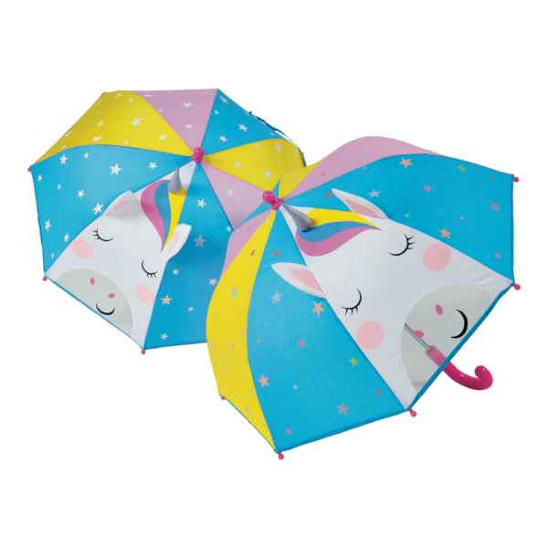 Two blue, yellow, and pink umbrellas with 3D unicorn faces, horns, star patterns, and curved pink handles.