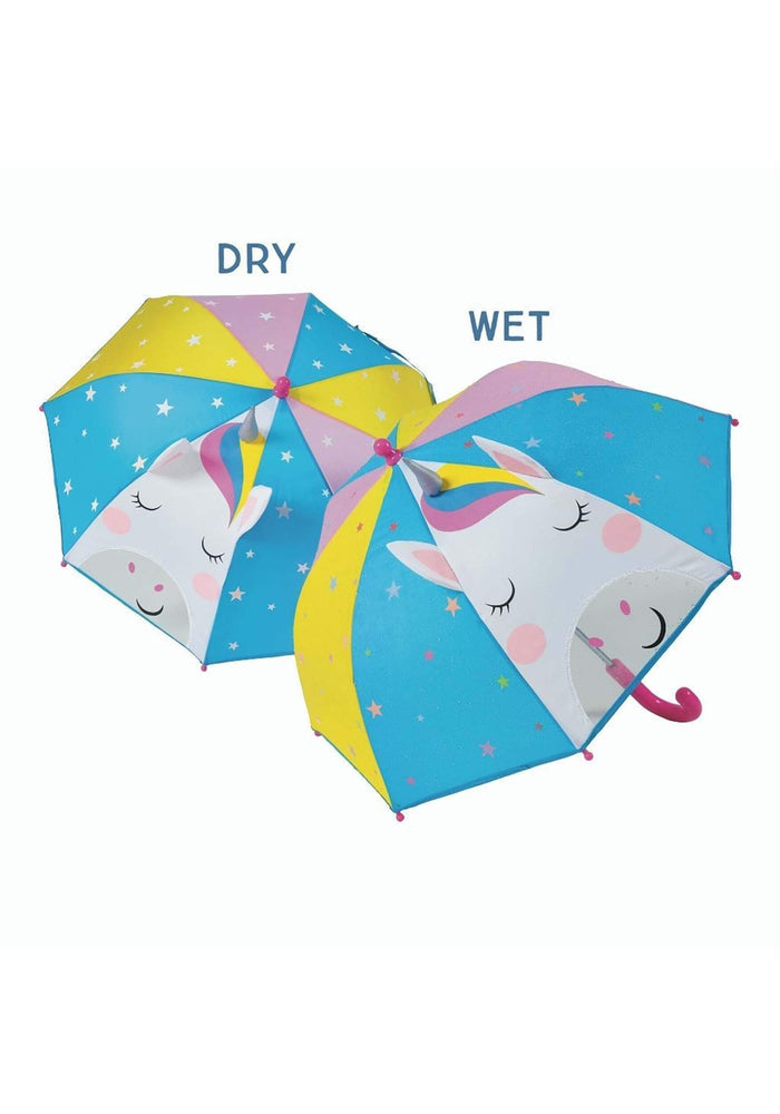 Side-by-side comparison of a unicorn umbrella where white stars turn into rainbow colors when wet.