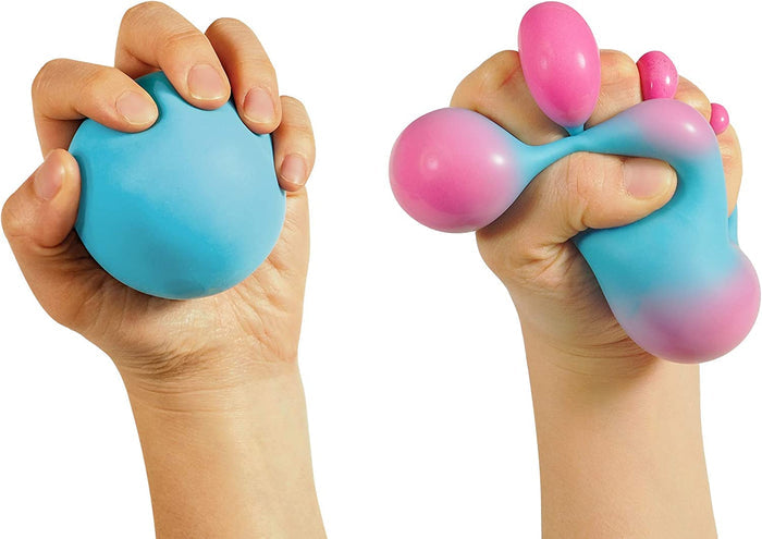 Hand holding a blue squishy ball next to a hand squeezing it to reveal bright pink bulges between fingers.