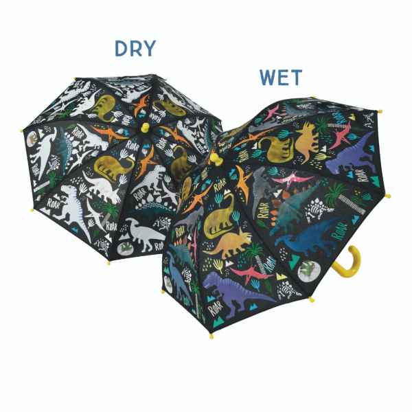 Two black umbrellas showing dry white dinosaur prints turning into bright colors when wet.