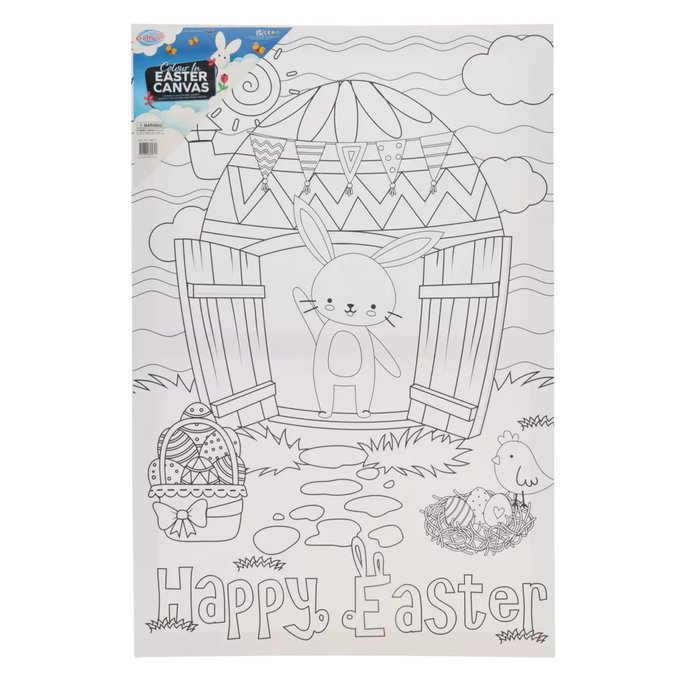 Black and white coloring canvas with a bunny waving from an egg house, an Easter basket, and Happy Easter text.
