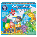 Blue box for Colour Match Express featuring a cartoon train driven by a boy and filled with colorful animals.
