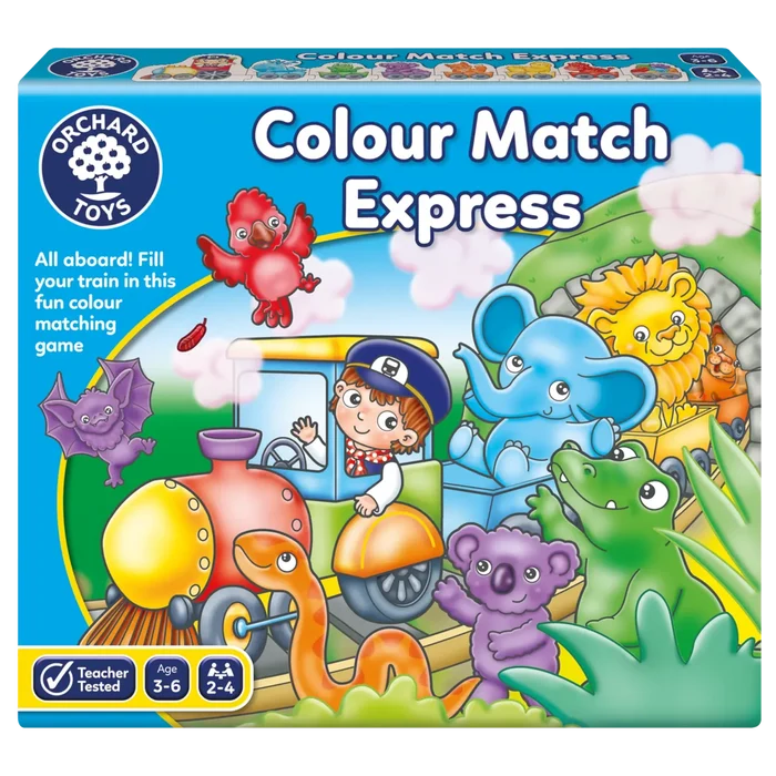 Blue box for Colour Match Express featuring a cartoon train driven by a boy and filled with colorful animals.