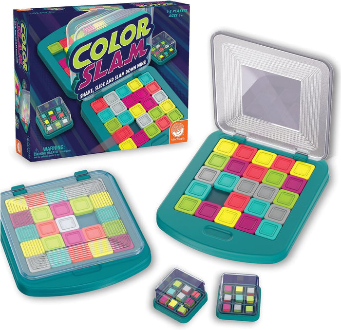 Color Slam game box and teal sliding tile puzzle boards with colorful square pieces and two clear shaker cubes.