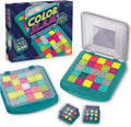 Color Slam game box and teal sliding tile puzzle boards with colorful square pieces and two clear shaker cubes.