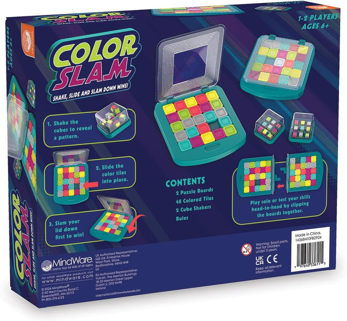 Purple game box displaying teal puzzle boards with vibrant tiles, cube shakers, and 1-2-3 step instructions.