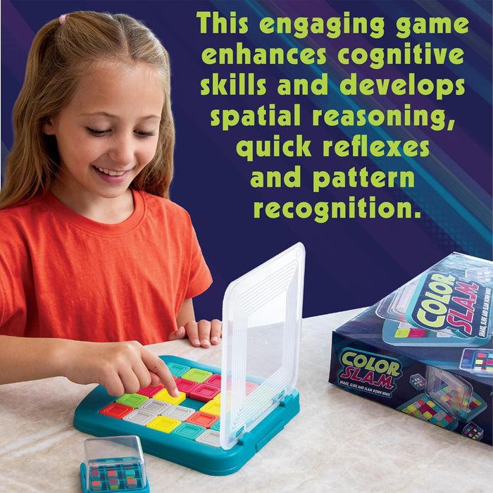 Girl playing Color Slam with a teal game board, colorful sliding tiles, and a clear lid next to the product box.