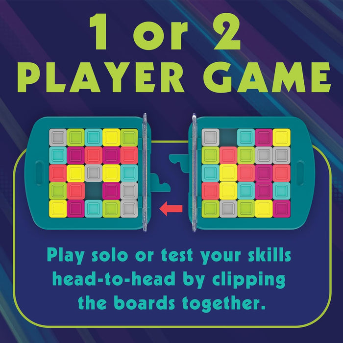 Two teal handheld game boards with colorful sliding tiles that clip together for solo or head-to-head play.