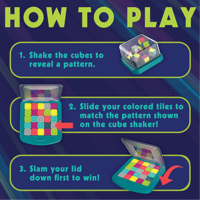 Three-step instructions show shaking color cubes, sliding tiles on a teal game board, and slamming the lid down.