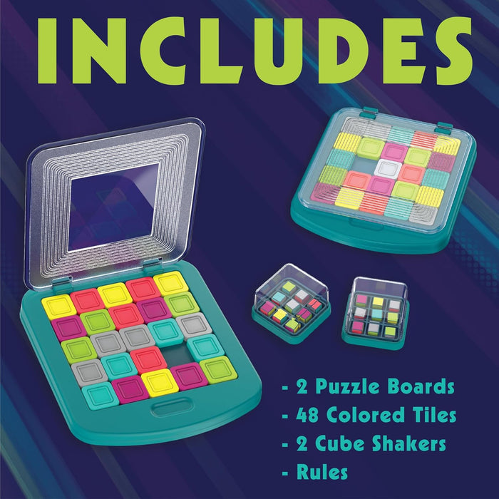 Teal sliding tile boards with colorful squares and two clear cube shakers with mini colored cubes inside.