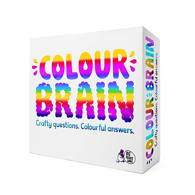 White square game box with large, rainbow-colored bubble letters spelling COLOUR BRAIN and blue text slogan below.