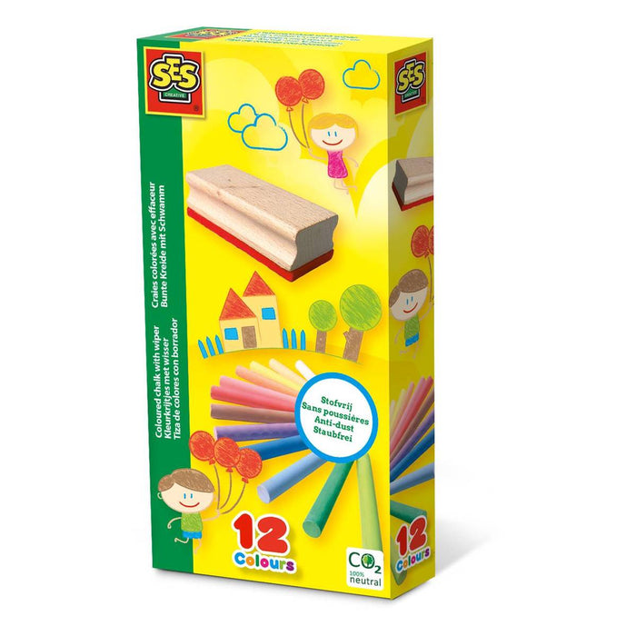 Yellow box featuring 12 fanned-out colored chalk sticks, a wooden wiper, and colorful child-like illustrations.