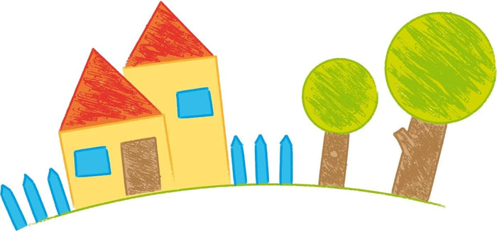 Chalk-style drawing of two yellow houses with orange roofs, blue fences, and green trees on a grassy hill.