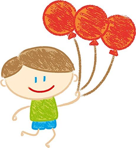 Chalk-style drawing of a smiling boy in a green shirt and blue shorts holding three orange balloons.
