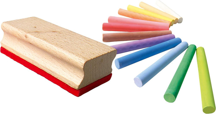 Wooden eraser with a red felt base next to twelve multicolored chalk sticks arranged in a rainbow fan shape.