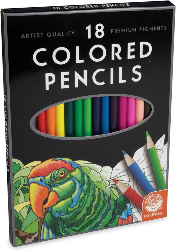 18 artist-quality colored pencils in a black box with an oval window and a vibrant parrot illustration.