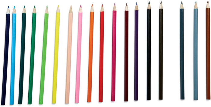 Eighteen sharpened colored pencils arranged vertically in a row, showcasing a vibrant rainbow of colors.