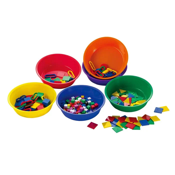 Six brightly colored plastic bowls filled with assorted sorting links, squares, and cubes.