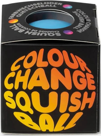 Black square box with bold orange gradient text and a circular window on top revealing a light blue squish ball.