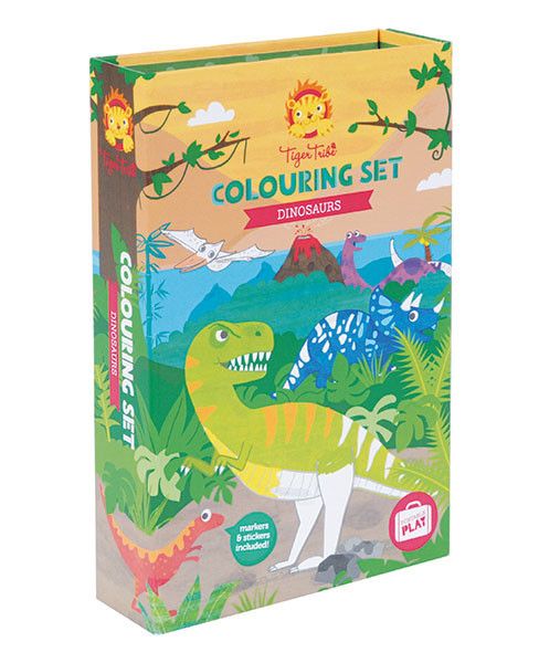 Tiger Tribe dinosaur coloring set box featuring a green T-Rex and blue triceratops in a bright jungle scene.